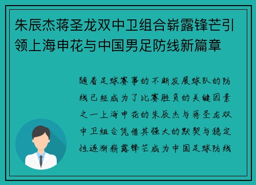 朱辰杰蒋圣龙双中卫组合崭露锋芒引领上海申花与中国男足防线新篇章