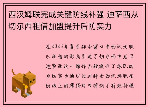 西汉姆联完成关键防线补强 迪萨西从切尔西租借加盟提升后防实力 西汉姆联完成关键防线补强 迪萨西从切尔西租借加盟提升后防实力