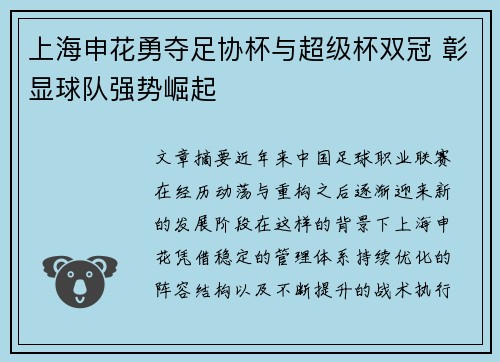 上海申花勇夺足协杯与超级杯双冠 彰显球队强势崛起 上海申花勇夺足协杯与超级杯双冠 彰显球队强势崛起