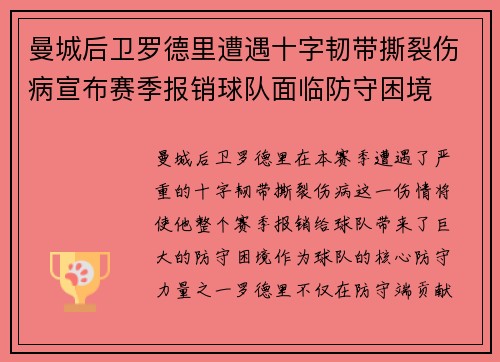 曼城后卫罗德里遭遇十字韧带撕裂伤病宣布赛季报销球队面临防守困境 曼城后卫罗德里遭遇十字韧带撕裂伤病宣布赛季报销球队面临防守困境